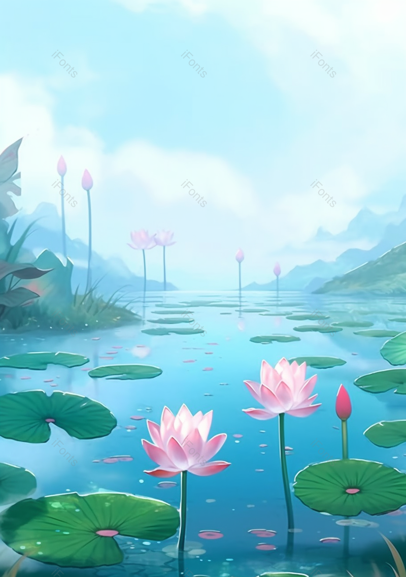 中国风蓝色湖面荷花植物,插画/手绘图,插画/手绘图库,插画/手绘图下载,插画/手绘